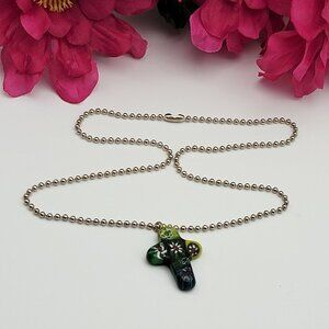 Vintage Venetian Glass Cross Penant Necklace Multicolor Silver Tone Chain 18 In